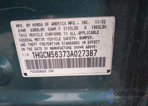 2003 Honda Accord Lx from USA, damaged, VIN 1HGCM56373A027387